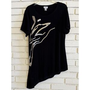 Chicos Travelers 2 (L) Black Slinky Silver Beaded Tunic Top Asymmetric Hem